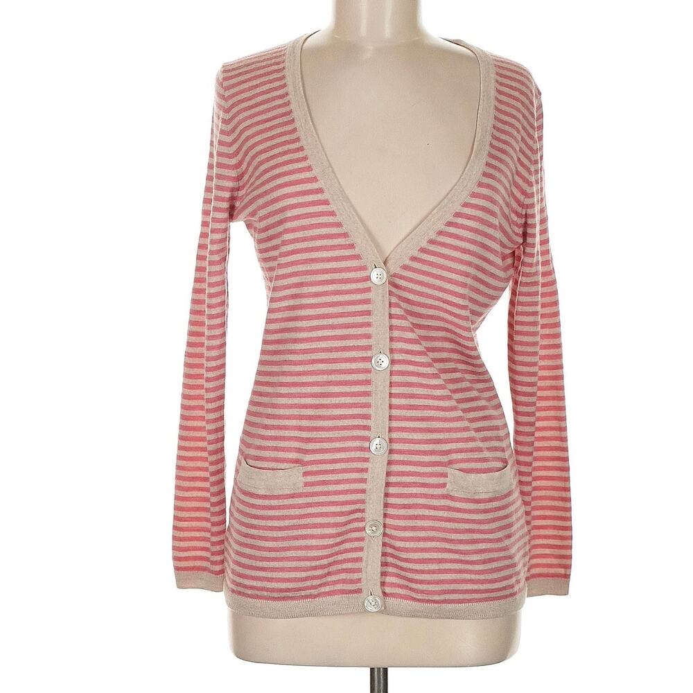 Talbots Petite Pink & Cream Striped Merino Wool Cardigan Pure Italian Merino Med - Picture 2 of 6